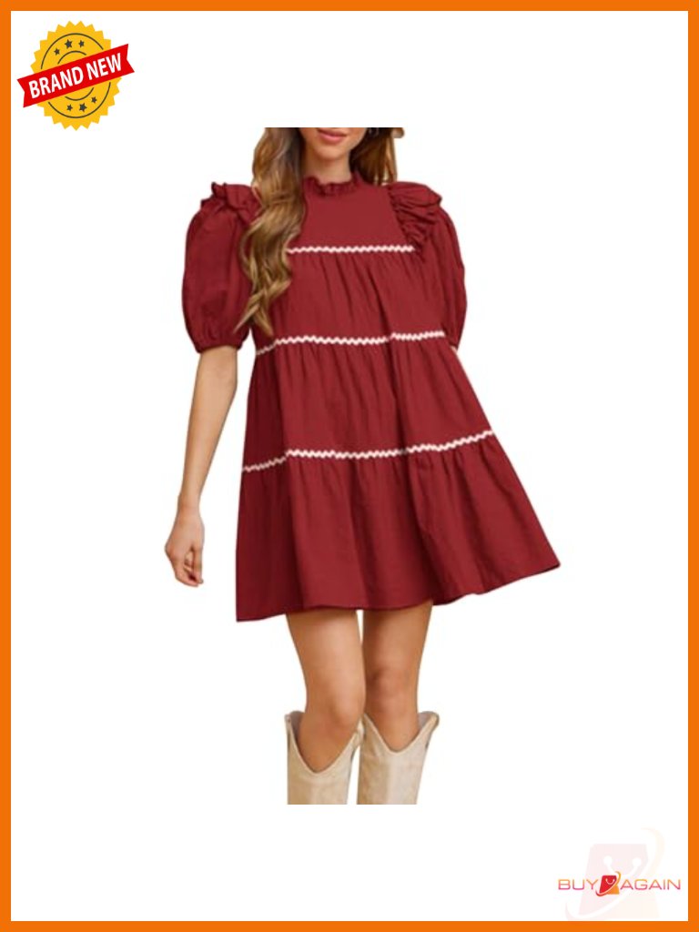 Women's Cotton Linen Puff Sleeve Babydoll Dress Tiered Ruffle Casual